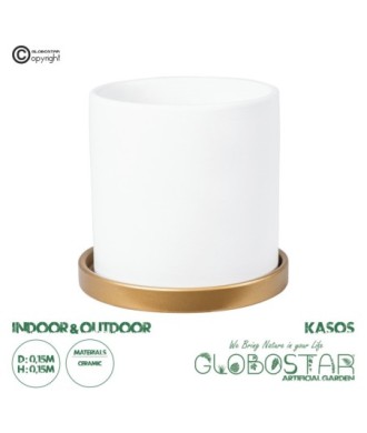 GloboStar® Artificial Garden KASOS 20444 Πήλινο Κεραμικό Κασπώ Γλάστρα - Flower Pot Λευκό με Χρυσό Φ15cm x Υ15cm